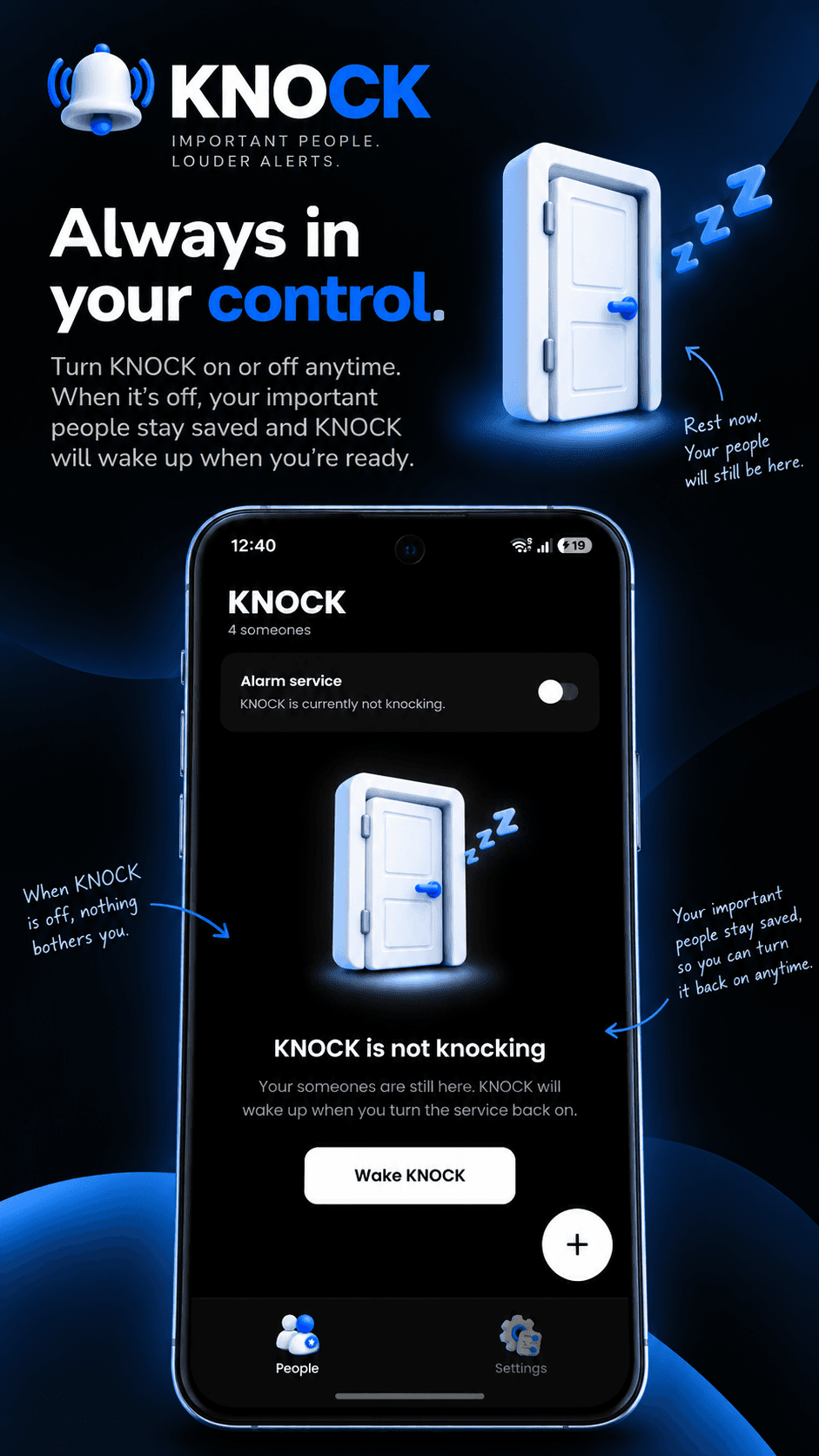 KNOCK alarm service toggle for pausing and resuming alerts.