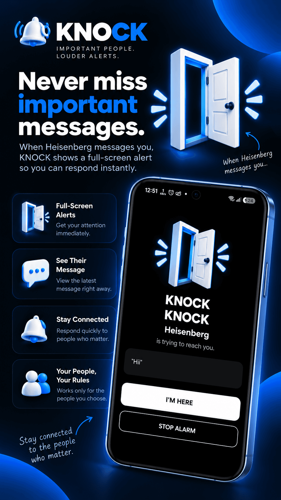 KNOCK home screen showing important people and the alert service.