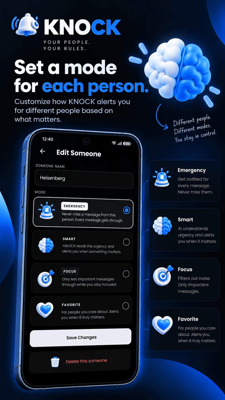 KNOCK alert mode selection for a contact.